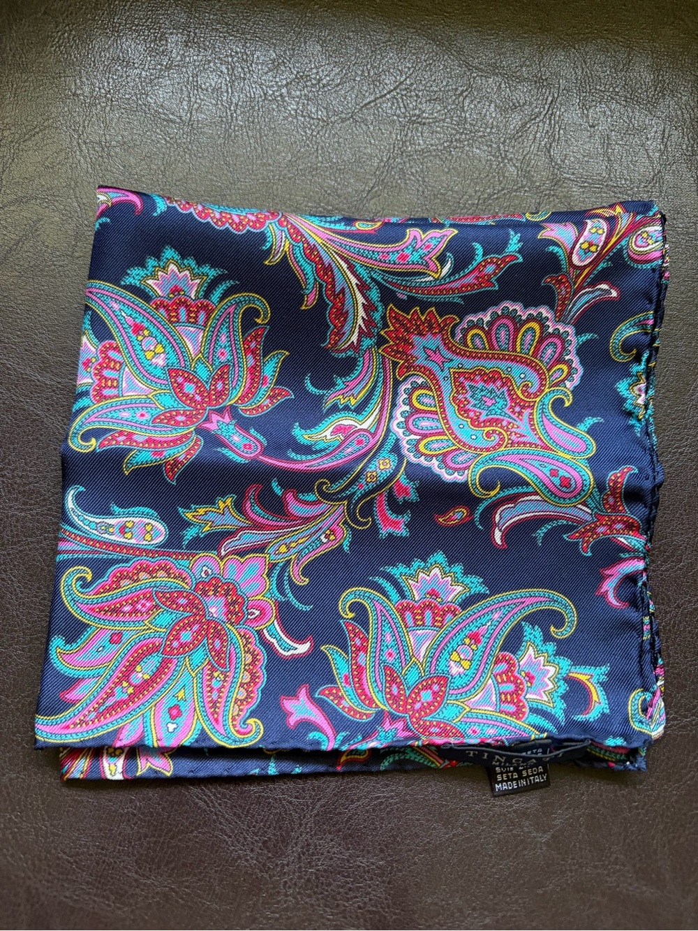 Tincati Milano Navy Paisley Silk Pocket Square with Pink Paisley